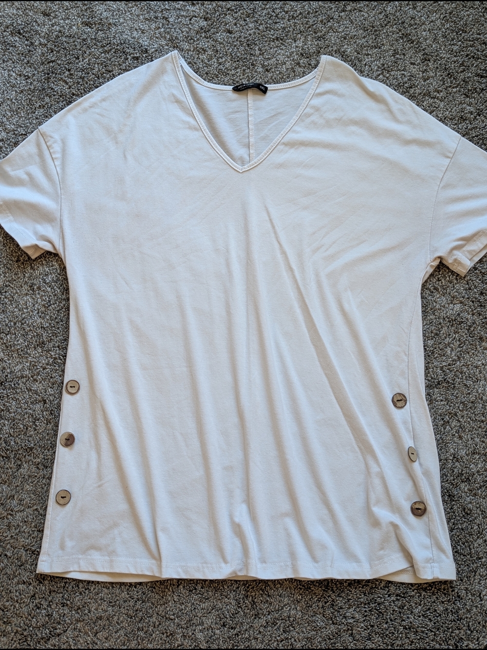 SHEIN Cream V-Neck Short Sleeve Tee with Side Button Detail